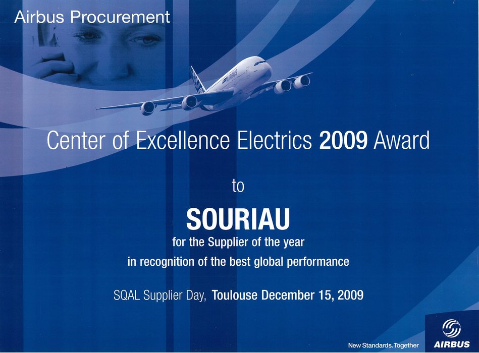 Per il terzo anno, SOURIAU vince il premio come miglior fornitore dell’anno di AIRBUS